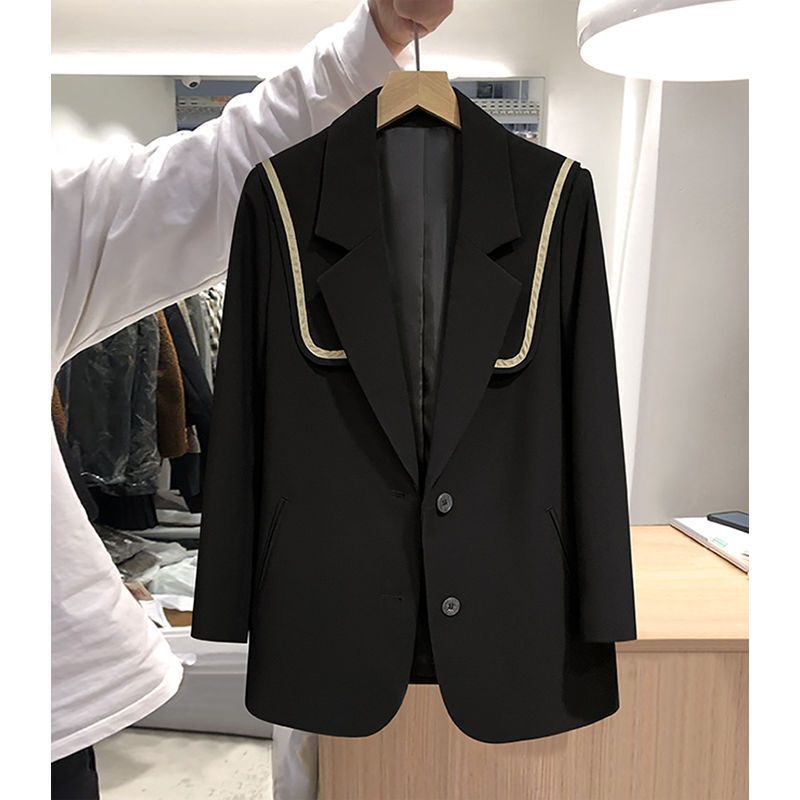 レディースブレザー、新しいスタイル、年齢軽減ファッション、秋の高級ネイビーカラー、小柄な人向けのショートスーツトップ|undefined