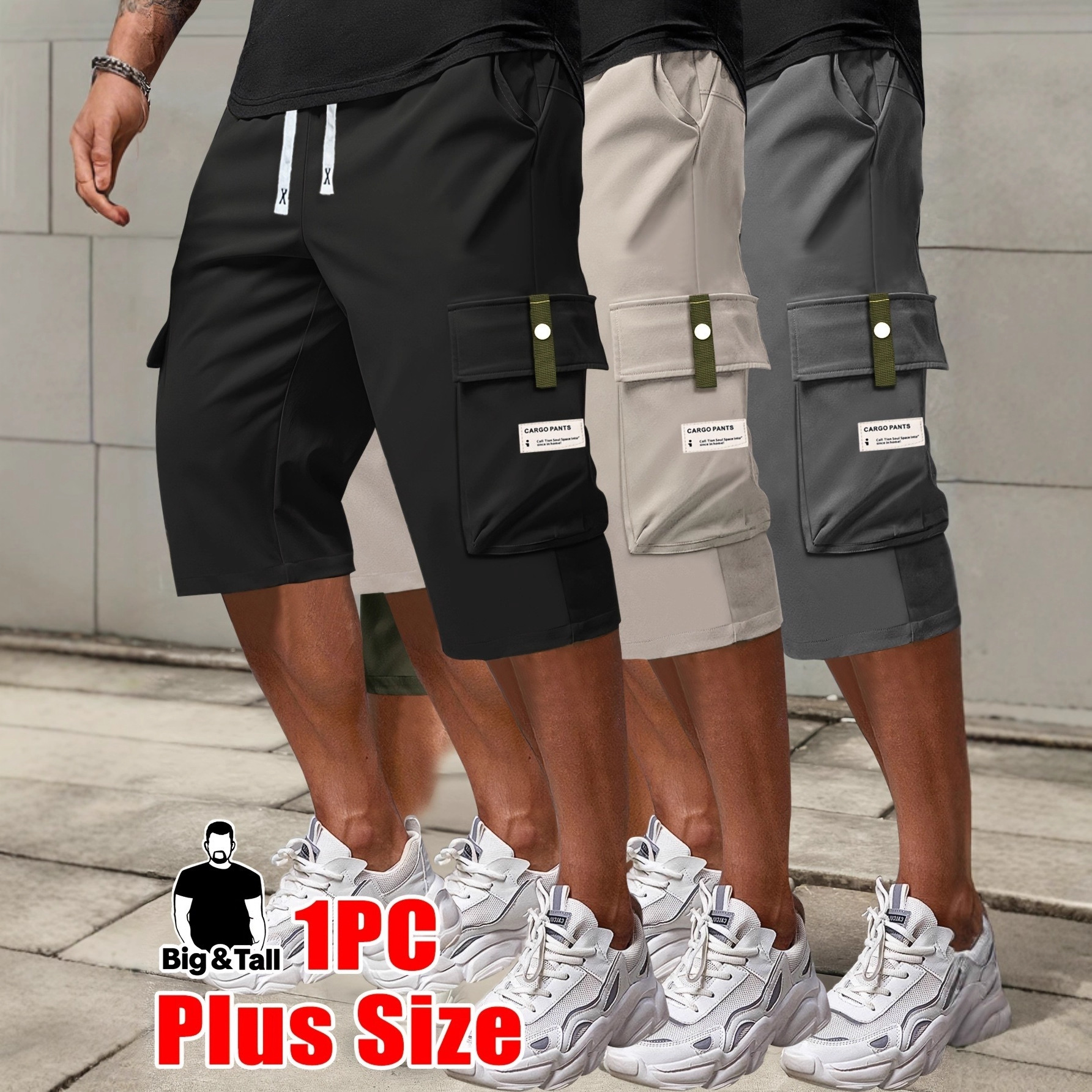Aliexpress Cross-Border European Plus-Size Men's Cropped Cargo Pants Multi-Pocket Solid Color Breathable Loose Straight Wide-Leg Pants