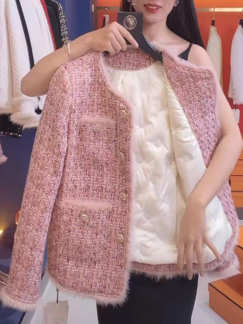Pink Chanel-Style Light Luxury down Jacket for Women, New Winter High-End Tweed Socialite Style Petite Top