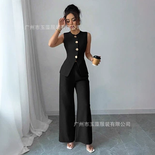 跨境现货爆款梭织纯色上衣裤子两件套