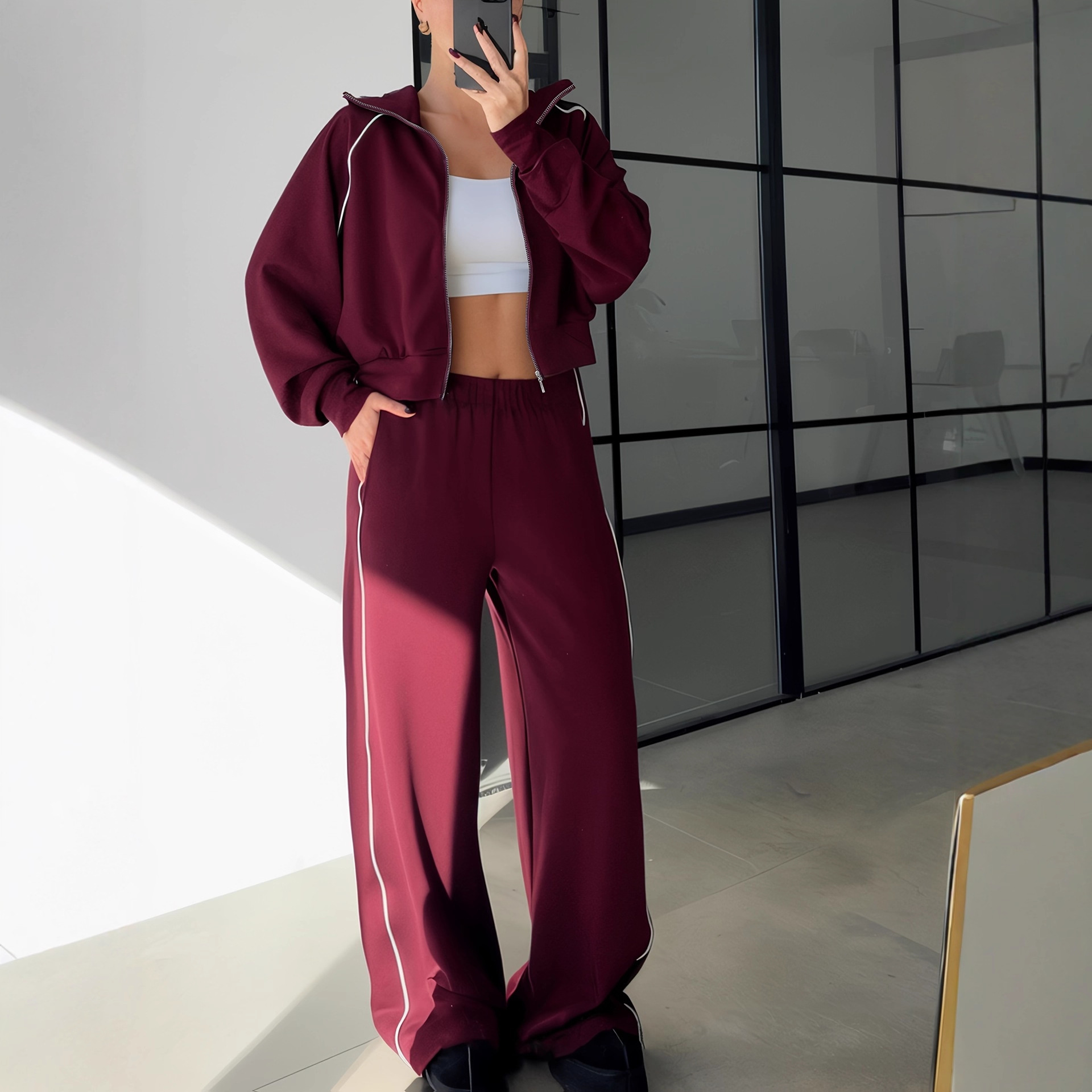 Retro Stripe Color-Block Zip-Up Jacket And High-Waist Straight-Leg Pants Set For Women, Vintage Inspired Two-Piece Outfit_ecoleips.com