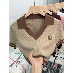 独特港味甜辣妹短款领针织衫上衣设计感小众短袖恤女夏