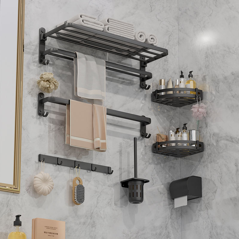 Black Space Aluminum No-Drill Bathroom Shelf Wall-Mounted Towel Rack for Small Apartments Black Space Aluminum No-Drill Bathroom Shelf Wall-Mounted Towel Rack for Small Apartments