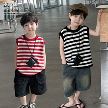 针织2024韩版新款儿童拼色洋气毛衣男童夏季条纹背心宝宝圆领
