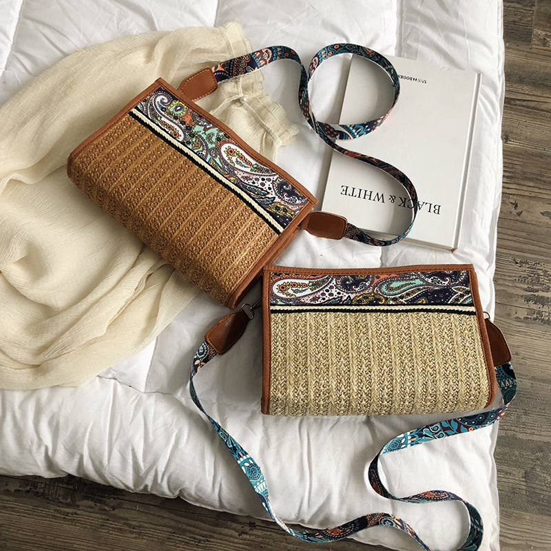 跨境女包包2023新款歐美潮流草編撞色簡約休閒單肩包斜跨包小方包