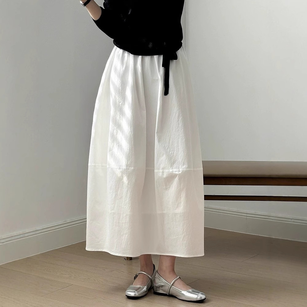 Hepburn Style White High-Waisted Lantern Bud Skirt Autum Mid-Length Cocoon-Shaped Fluffy Umbrella Skirt A-Line Half Skirt