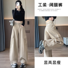 美式复古街头大口袋工装牛仔女长裤弯刀工装裤时尚休闲裤子卡其色