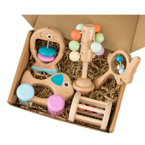 Wooden baby colorful hand rattle five-piece set crib bell music early education soothing musical instrument toy