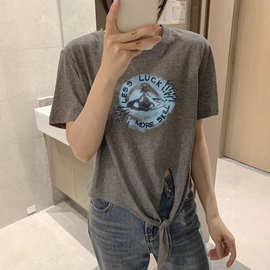 YING+十三行 涂鸦土星字母雪花棉T恤下摆绑绳百搭短袖夏M287-7779