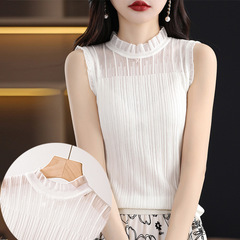 好質量曲珠百搭無袖女背心夏季半高領內搭西裝白色上衣蕾絲打底衫
