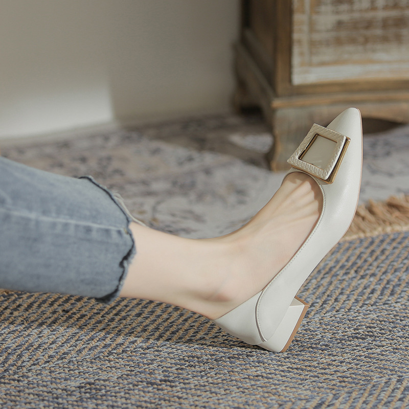 Genuine Leather Flats for Women 2022 Spring Low-Heeled Pumps Pointed Toe Fashion Thick Heel Cowhide Women's Shoes Korean Style Trendy