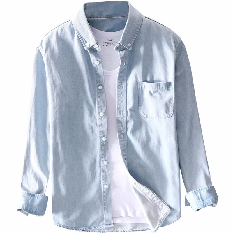 Light Denim Shirt Men's Long-sleeved Spring and Autumn Thin All-match Casual Shirt Clothing Japanese Style Trendy Large Size Loose Jacket