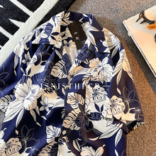 冰丝花衬衫男ins潮感痞帅设计感港风夏季沙滩古巴领短袖衬衣H