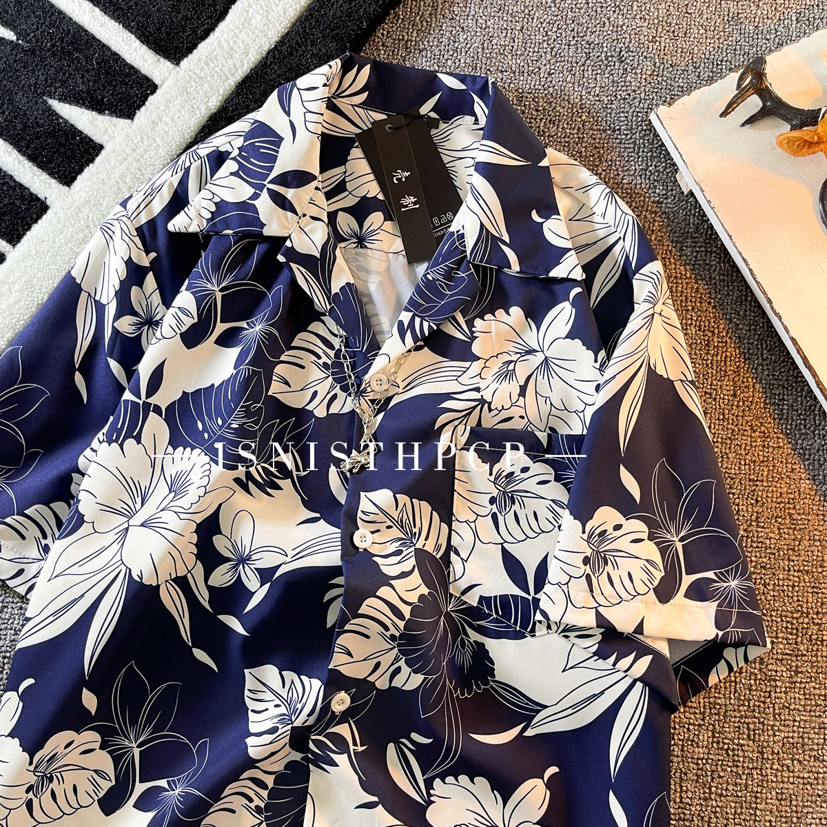 冰丝花衬衫男ins潮感痞帅设计感港风夏季沙滩古巴领短袖衬衣H