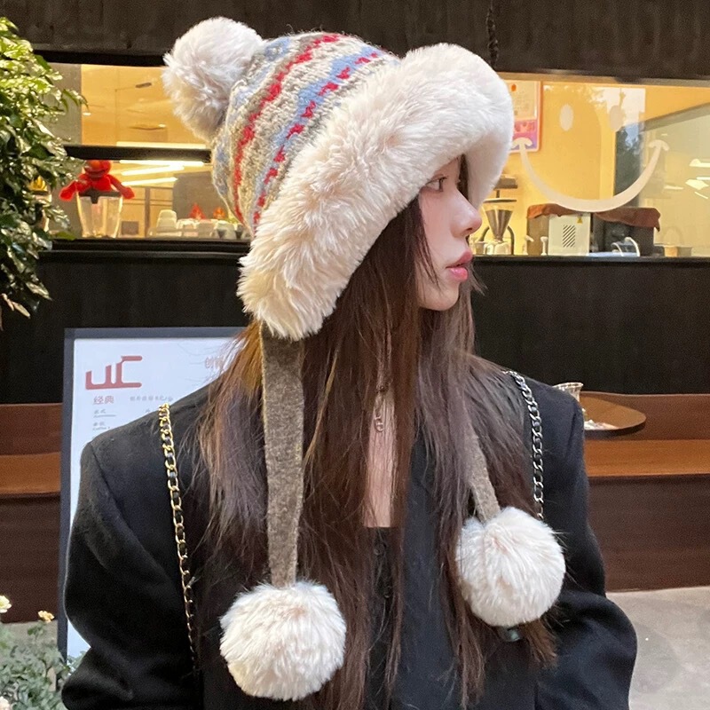 费尔岛风加绒加厚保暖雷锋帽子女冬季毛球护耳毛线帽大头围毛绒帽|undefined