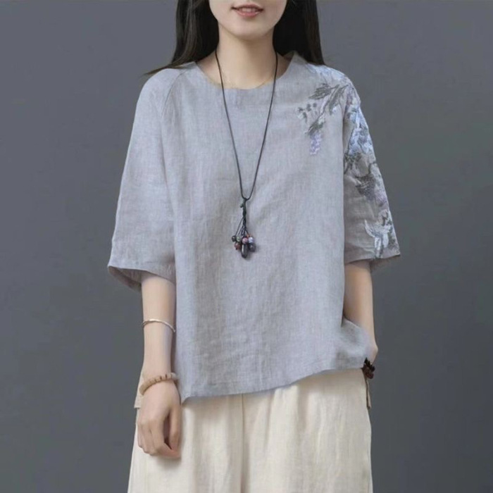 綿とリネンのトップス女性の薄い夏のエスニックスタイル刺繍大きいサイズルーズ文学レトロ中国スーツ女性の Tシャツ|undefined