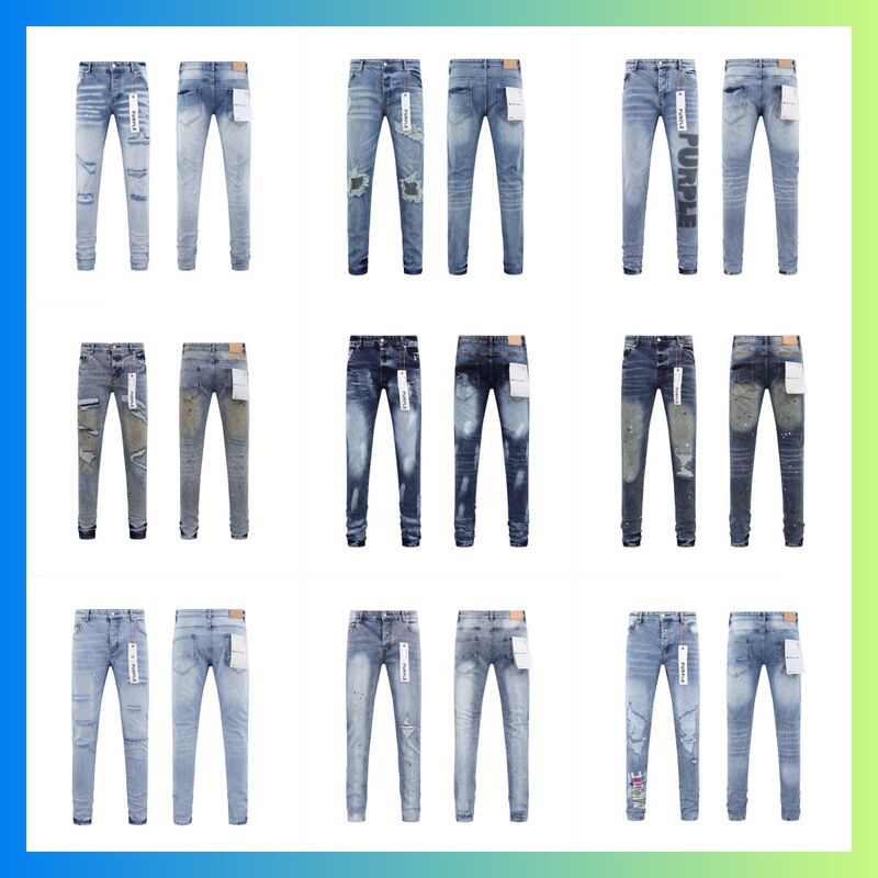 Purple Brand Cut and Worn Large Hole Casual Jeans American Street Slim Fit Pants for Men and Women