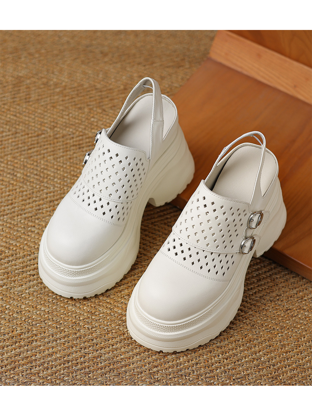 Sandal cao gót nữ đế xuồng 12cm bít mũi hở gót phong cách La Mã — Màu đen, Màu trắng chi tiết 13