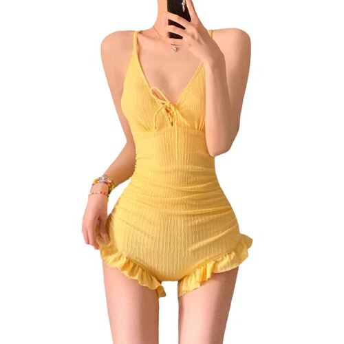 Swimsuit women's one-piece suspender solid color long sleeve two-piece set to make you look slim and sexy backless hot spring bathing suit wholesale