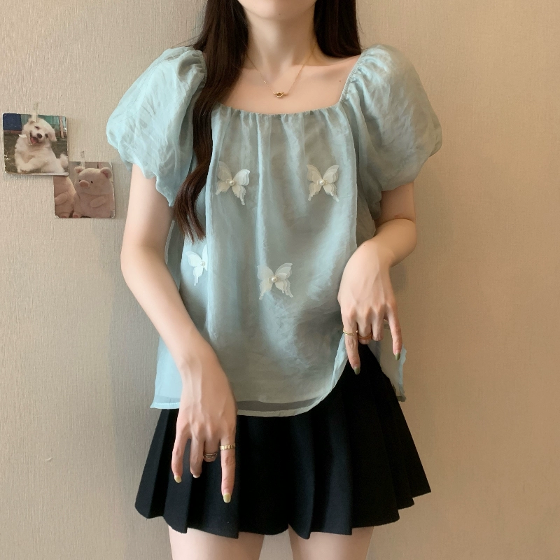 Пузырьковая шифоновая рубашка с короткими рукавами женский летний большой размер толстый мм тонкий, чтобы покрыть живот французская рубашка с квадратным вырезом