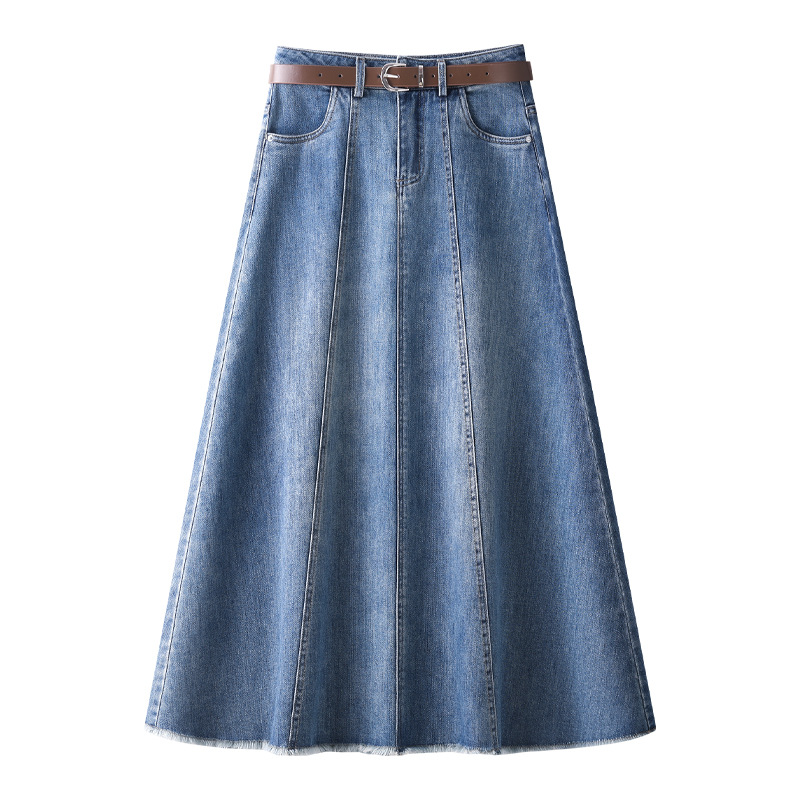 High-waisted slimming pleated midi skirt for women, 2026 new spring/summer style, flowing A-line denim skirt, popular and elegant long skirt.