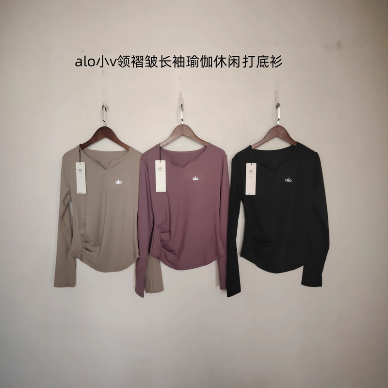 2026 Spring New Style Alo Small V-Neck Pleated Sports Yoga Top Slim Fit Long-Sleeved Bottoming Shirt for Women Wholesale