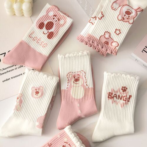 Pink socks women's mid-calf ins trendy and versatile autumn and winter Korean cute bear sweet and versatile student sports socks