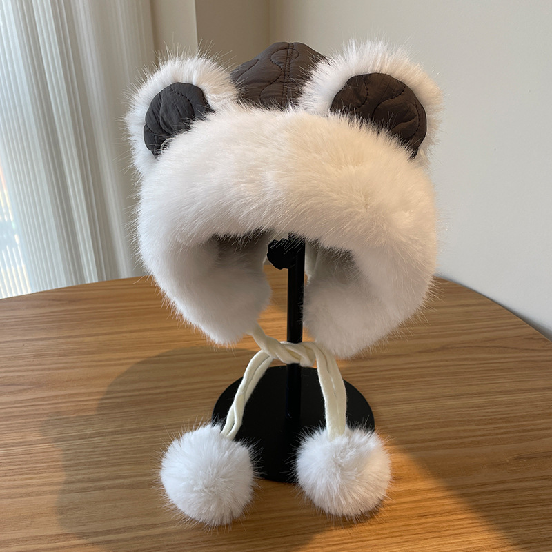 Bonito oso orejas gorra de peluche para mujeres otoño y invierno cara pequeña gorra de vello gruesa para montar en bicicleta a prueba de viento