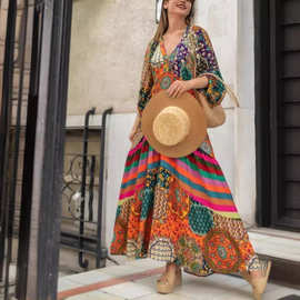 2024跨境新品定位印花大摆超长民族风连衣裙女褶皱夏新款气质长裙