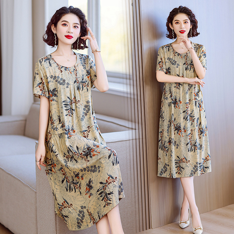 Middle-Aged and Elderly Women's Pure Cotton Silk Dress, Medium-Length, Large Size, Loose Fit, 100kg Summer Thin Nightgown