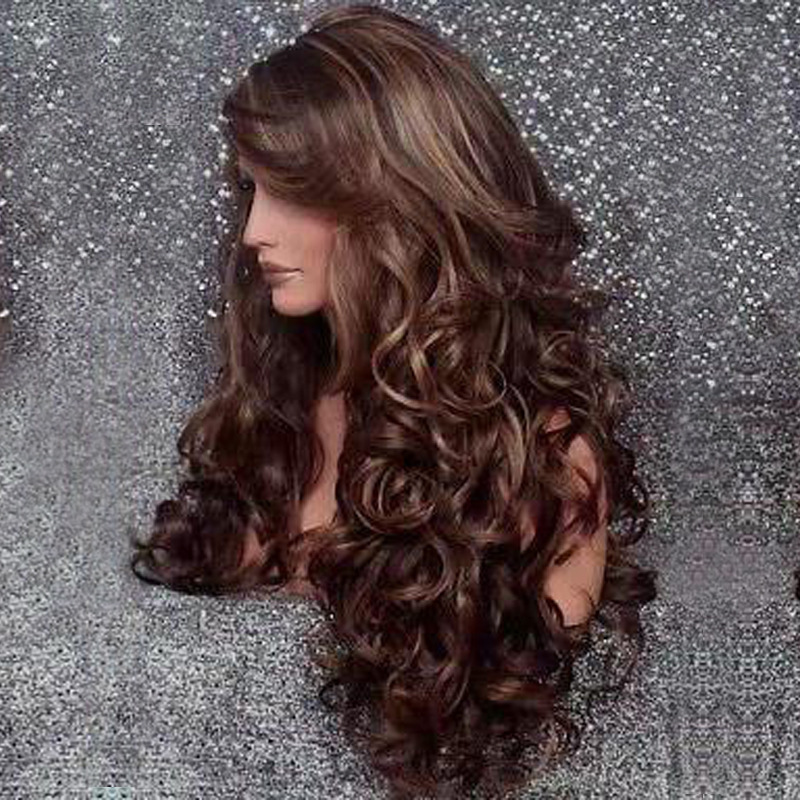 Perruque tendance pour femme, frange sur le côté, cheveux longs et bouclés, bonnet synthétique en soie haute température_voghion.com