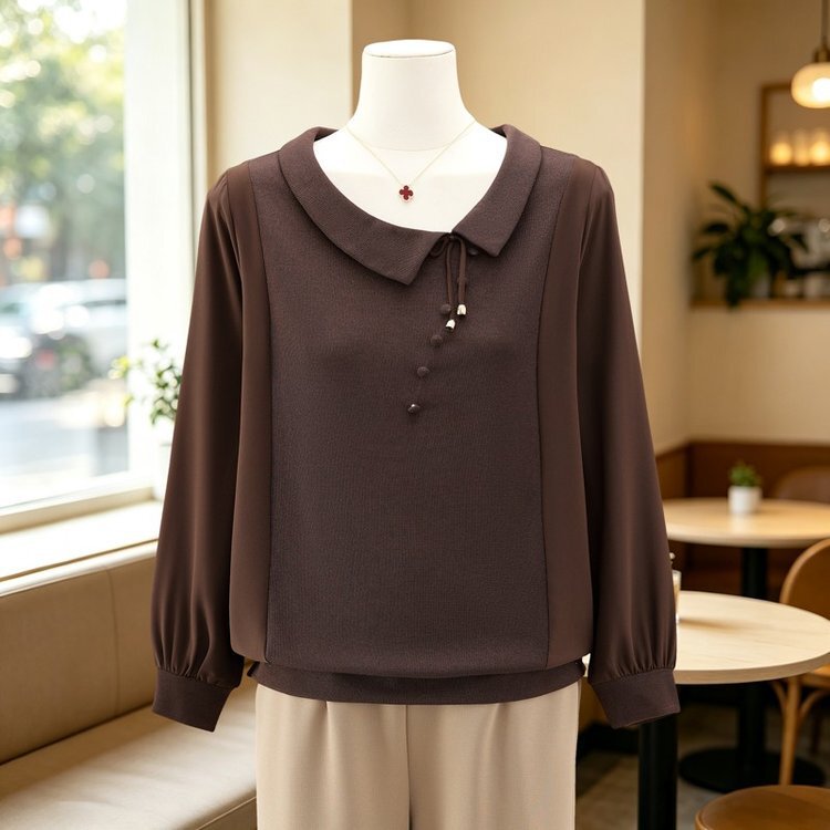 New autumn knit T-shirt, loose and slimming, hides body fat, suitable for mothers, with a doll collar, youthful and versatile base shirt New autumn knit T-shirt, loose and slimming, hides body fat, suitable for mothers, with a doll collar, youthful and versatile base shirt