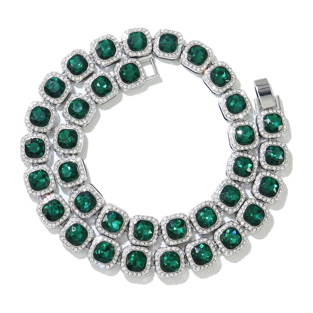 Hip-Hop Vierkante Volledige Diamant Groene Rots Candy Ketting Coole Streetdance Motorfiets Stijl Sleutelbeen Halsketting_voghion.com