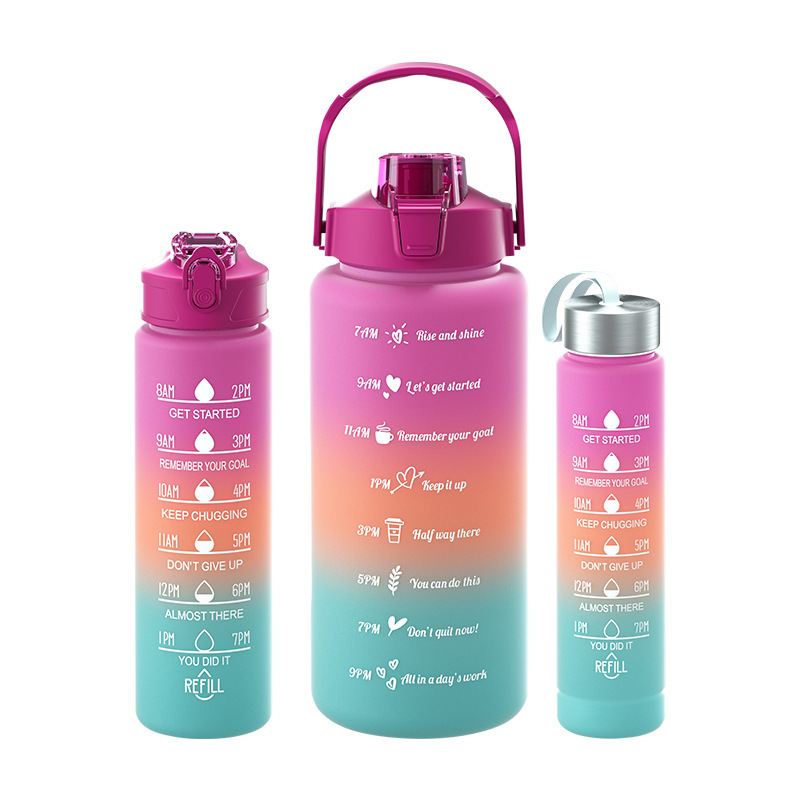 Taza de agua de tres piezas taza de paja de gran capacidad taza de agua de color degradado espacio deportivo olla taza de agua de plástico esmerilado con escala