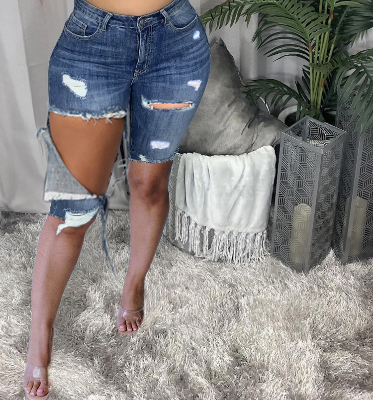 big hole high waist tight mid-length denim shorts NSGJW131667