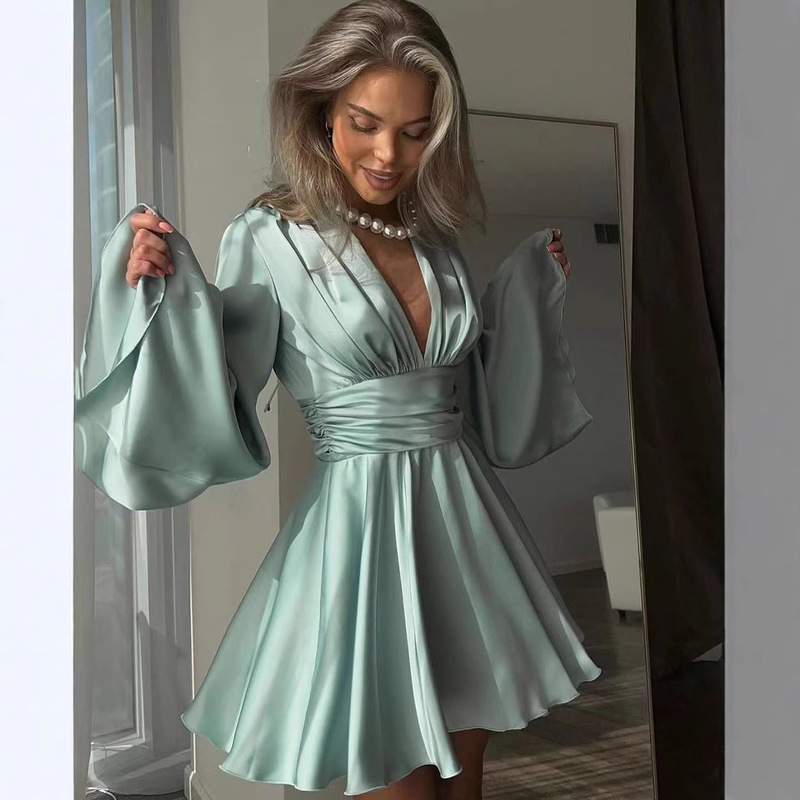 INS Hot Selling European and American Cross-border Women's Long Sleeve V-Neck Backless dress Fashion Elegant Mid-length Dress Amazon Explosions INS Hot Selling European and American Cross-border Women's Long Sleeve V-Neck Backless dress Fashion Elegant Mid-length Dress Amazon Explosions