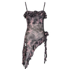 2025夏季玫瑰油畫收腰印花不規則荷葉邊飄帶吊帶辣妹上衣小背心