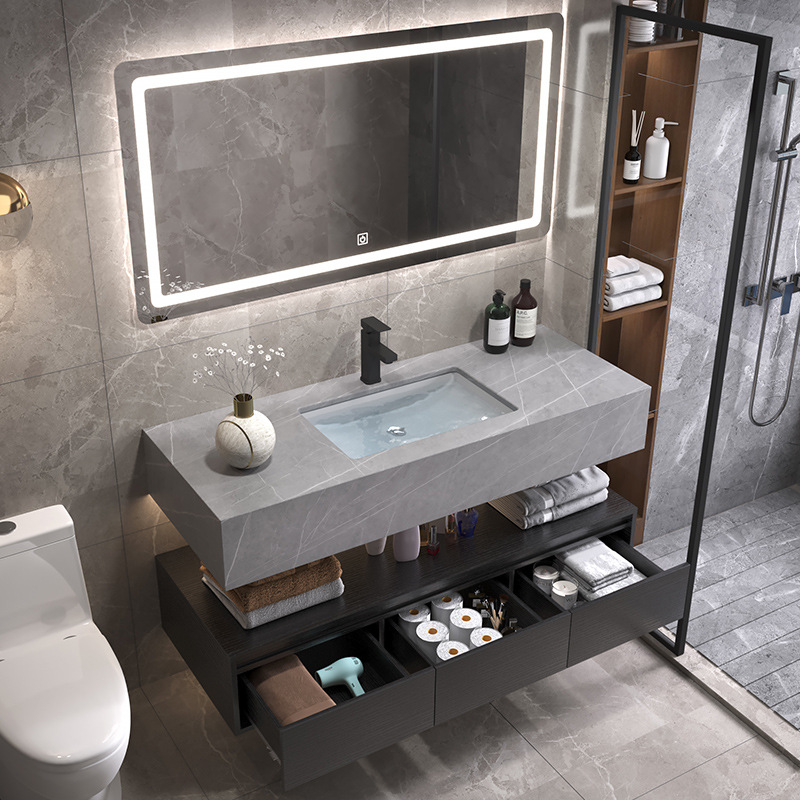 Luz de lujo placa Rock gabinete de baño combinación lavabo mesa de lavado inteligente espejo gabinete lavabo de baño lavabo gabinete