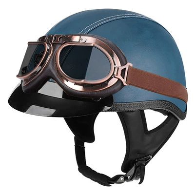 Motosiklet kaskı (dəbilqə) – locomotive universal electric car retro helmet - blue-leather-brim-bronze-mirror-m56-57cm