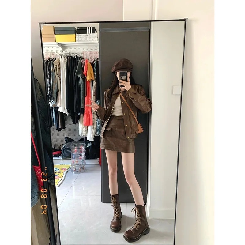 时尚气质春秋季新款复古咖色仿PU皮衣外套女装皮夹克两件套装短裙|undefined