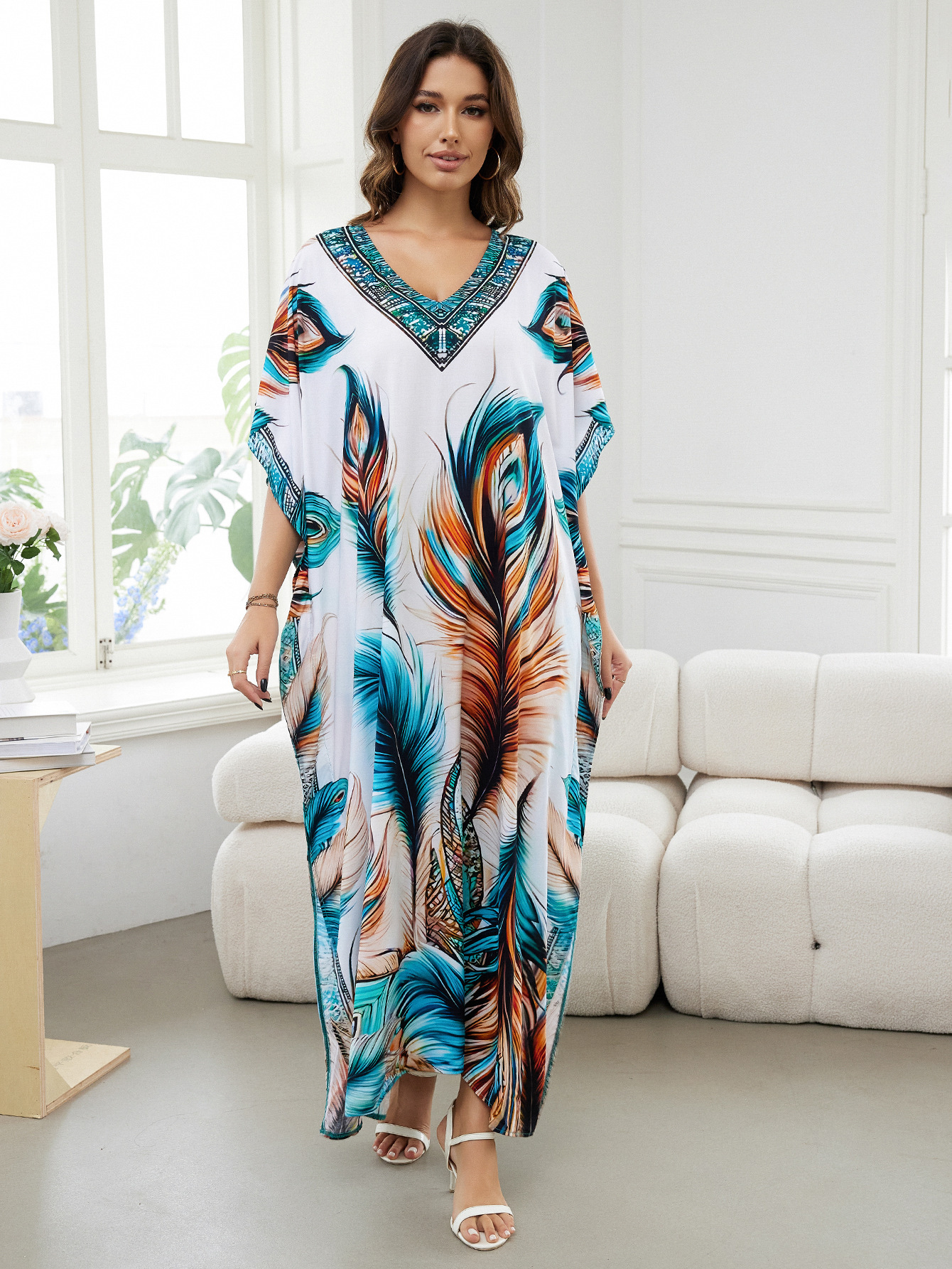 Rochie de plajă lungă kimono dama boho viscoză tie-dye_voghion.com