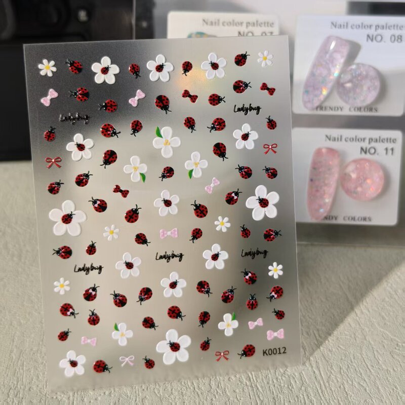 Childlike Ladybug Embossed Nail Art Stickers, Small White Flower Nail Decals, Nail Decoration Stickers Wholesale