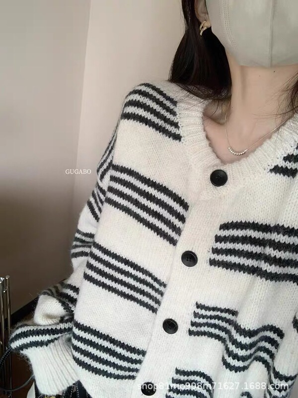 跨境条纹长袖开衫毛衣女春秋2025新款秋冬慵懒风宽松针织外套上衣|undefined