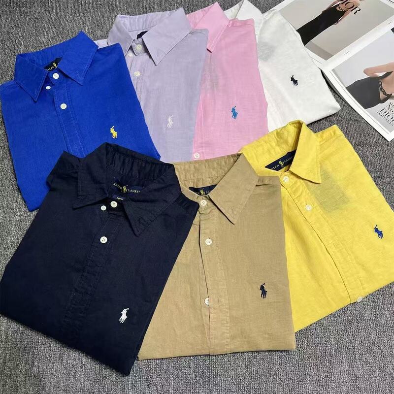 Cross-Border Rl Ralph Lauren Embroidered Linen Shirts for Men and Women, Couple Style, Loose Casual Long-Sleeve Shirts, Dropshipping