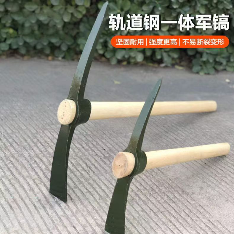 Factory Wholesale Manganese Steel Forged Pickaxes, Flat Pointed Wooden Handle Outdoor Pickaxes, Mountaineering Pickaxes, Agricultural Pickaxes for Digging Soil and Cutting Trees