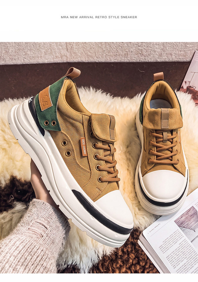 Giày vải nam cổ thấp phong cách retro, đế mềm tăng chiều cao, dây buộc — YH398 màu kaki, YH398 màu đen chi tiết 17