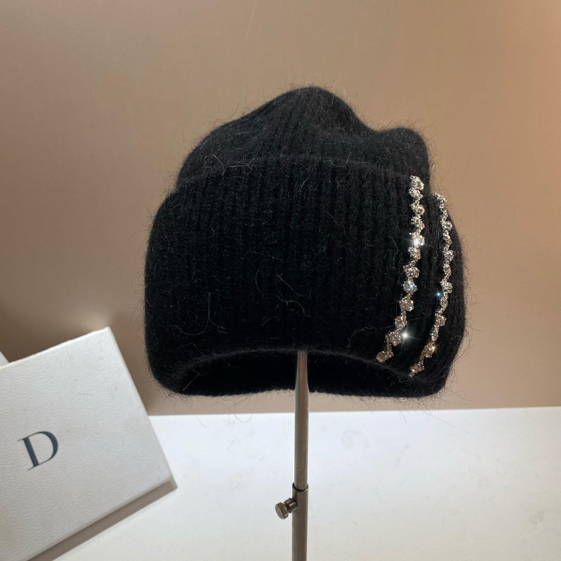 Winter-Thermomütze für den Außenbereich, langes Kaninchenhaar, doppelt gefaltete Strickmütze, Mode-Promi-Feng-Shui-Diamant-Wollmütze_voghion.com