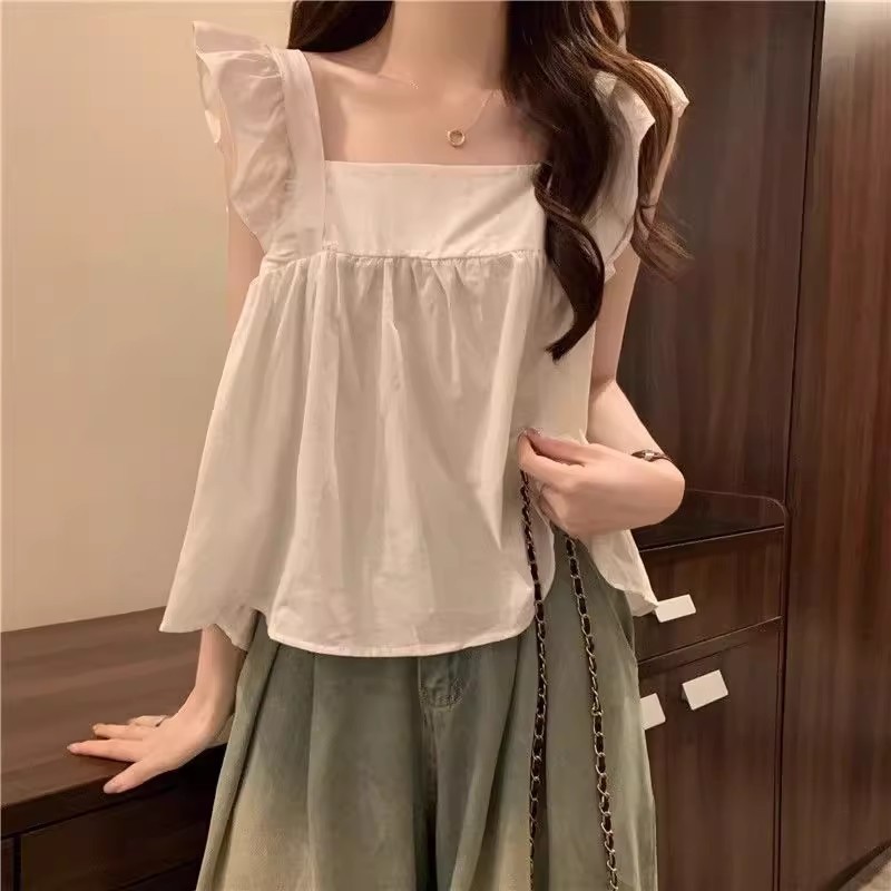 夏の甘いデザインのバックレスリボンシャツ新しいノースリーブシックなスクエアカラードールフライングスリーブスリミングトップ|undefined