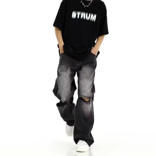 Men's Summer New Release American Street Style High-Waisted Distressed Wash Relaxed Straight Leg Pants