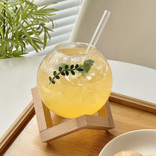 球形饮品杯 透明带木架底座家用办公大容量 圆球木架果汁玻璃杯